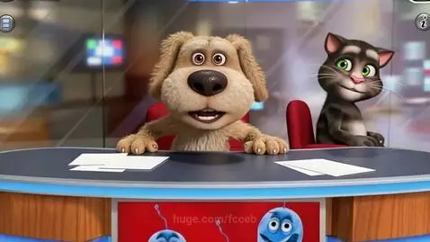 Talking Ben the dog laughs while Talking Tom the cat smiles beside him at a news desk.