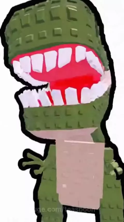 Animated green dinosaur character 'Trex' looking guilty as a crowned Skeleton Boss with red eyes accuses him in front of a burning house.