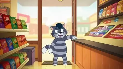 Animated grey striped cat with black hair tuft at a store counter asking for chips.