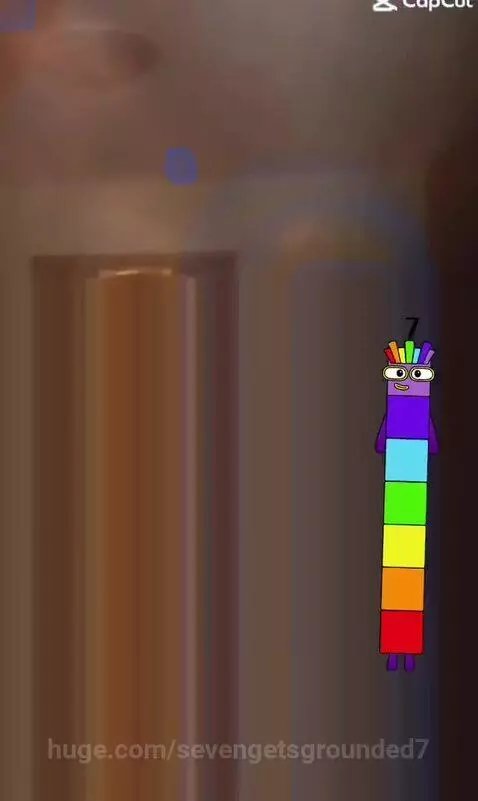 Animated character Numberblock Seven, a tall rainbow-colored block with '7' on its head, moving across a colorful background.