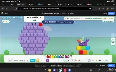Numberblock Seven (Super Octonite) and Numberblock Eight (Grooan) in a game scene, with a block character being grounded.