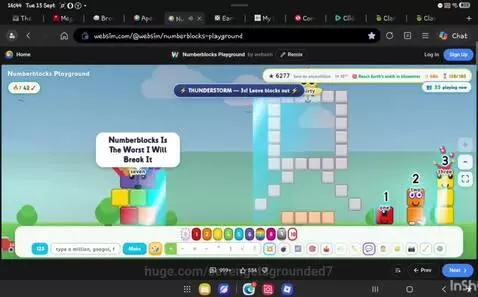 Numberblock Seven breaking a TV structure made of blocks in a game-like environment.