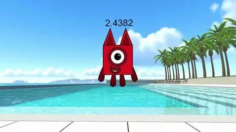 A red cartoon character with one eye jumps out of a swimming pool with palm trees and ocean in the background.