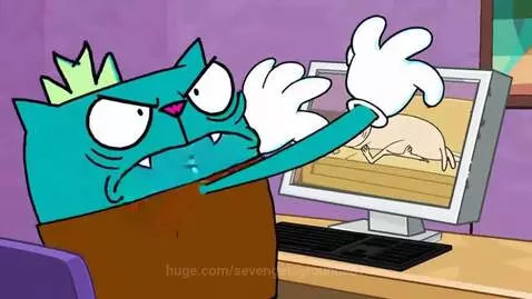 Animated blue cat character smashing a computer screen in anger, then smugly watching a man arrested for laziness.