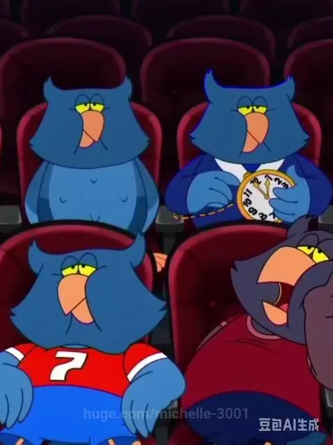 Four blue owl characters singing and playing instruments in theater seats, with a purple rabbit looking annoyed on stage.