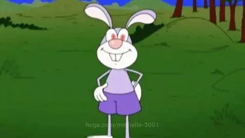 Animated rabbit with red eyes sitting indoors on a couch, eating chips from a 'LAVA LAVA' bag.