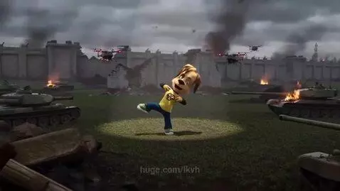 Animated dog named Denny wearing a yellow t-shirt and blue pants, dancing in a spotlight amidst a war-torn landscape.