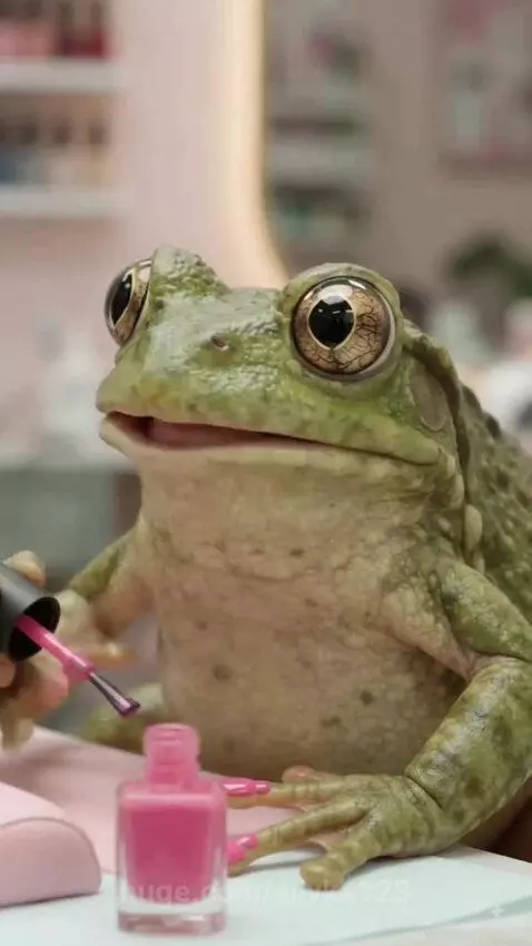 A woman sits at a nail salon table while a frog paints its own nails and tells a story.