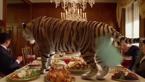 A tiger on a banquet table releases a green cloud from its rear, making people at the table react with disgust.