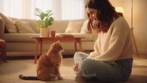 A woman sits cross-legged on a rug, looking at an orange and white cat with a golden magical glow.